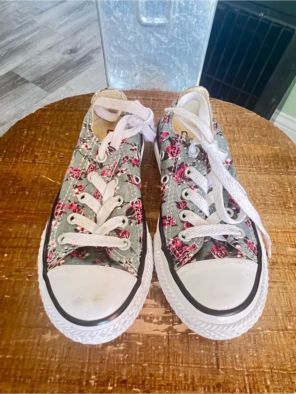 Converse Kids Floral Green Canvas Sneakers with Pink Rose Print